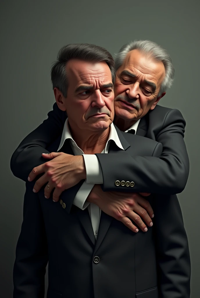 create an image where former president Jair Bolsonaro is in the center crying and Lula is hugging him from behind.
