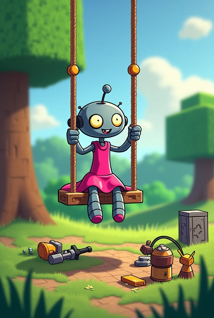 Minecraft gir making swing from tool in pink and grey dress