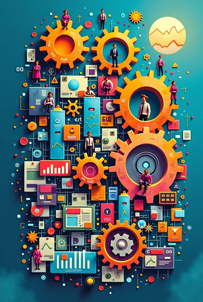 Create three-dimensional gears, circles, and squares, currency, graph lines, and many businessman and businesswoman images. Using watercolor and mixed media Use bright colors The light source is in the upper right corner,background blue. --ar 2:3