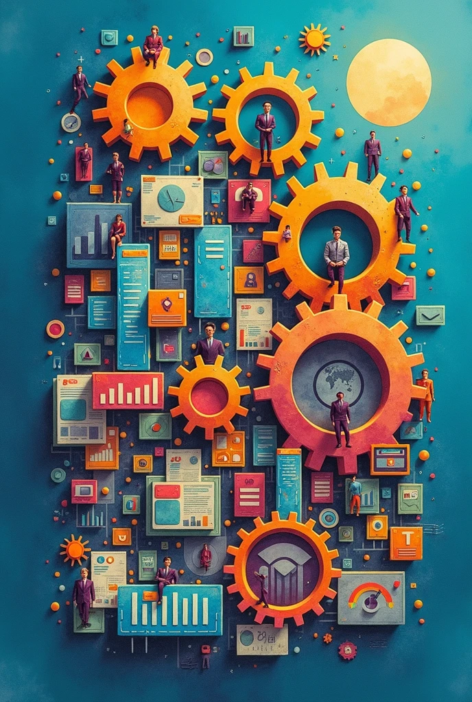 Create three-dimensional gears, circles, and squares, currency, graph lines, and many businessman and businesswoman images. Using watercolor and mixed media Use bright colors The light source is in the upper right corner,background blue. --ar 2:3