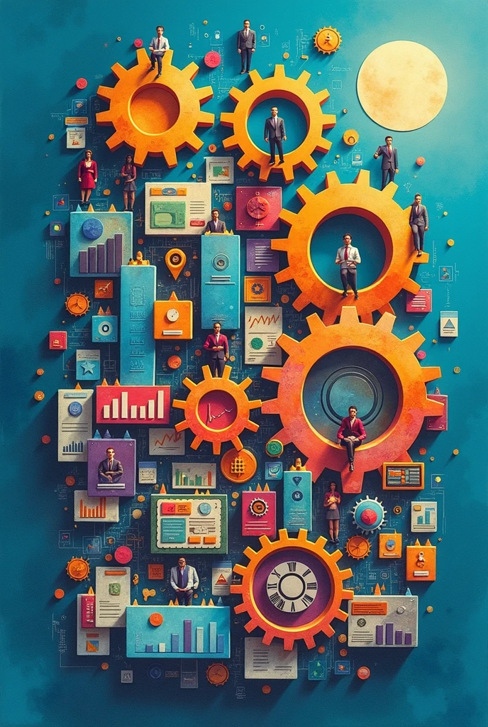 Create three-dimensional gears, circles, and squares, currency, graph lines, and many businessman and businesswoman images. Using watercolor and mixed media Use bright colors The light source is in the upper right corner,background blue. --ar 2:3
