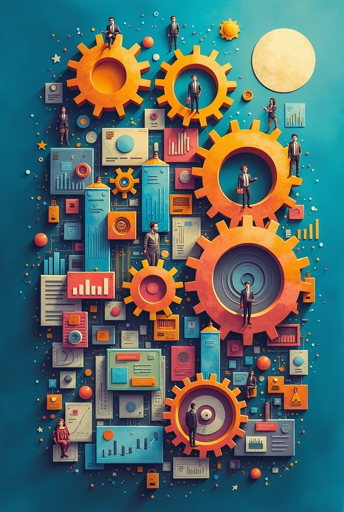 Create three-dimensional gears, circles, and squares, currency, graph lines, and many businessman and businesswoman images. Using watercolor and mixed media Use bright colors The light source is in the upper right corner,background blue. --ar 2:3