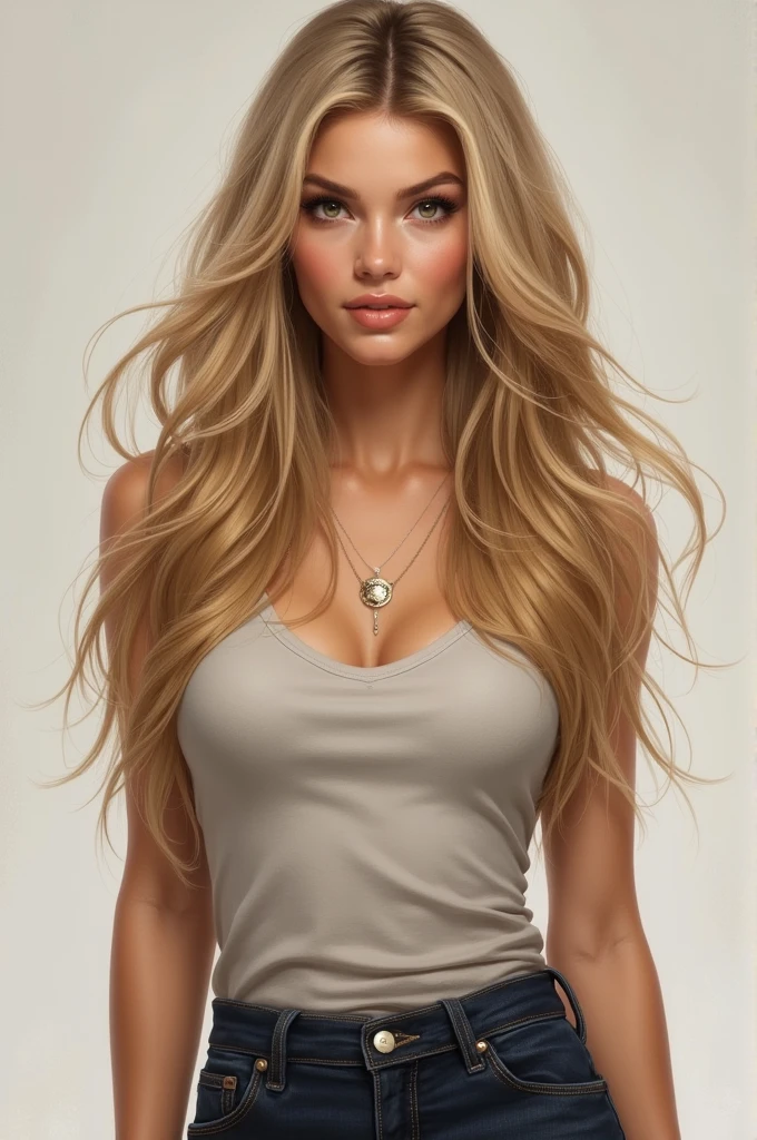 A realistic depiction of a woman standing upright, facing forward. She has long, blonde hair that falls naturally over her shoulders, and warm brown eyes that exude confidence. Her expression is neutral yet inviting. The woman has fair skin with a soft glow, wearing casual yet stylish attire that complements her look. The background is simple, ensuring the focus remains on her features. The lighting is even, highlighting her natural beauty without harsh shadows."