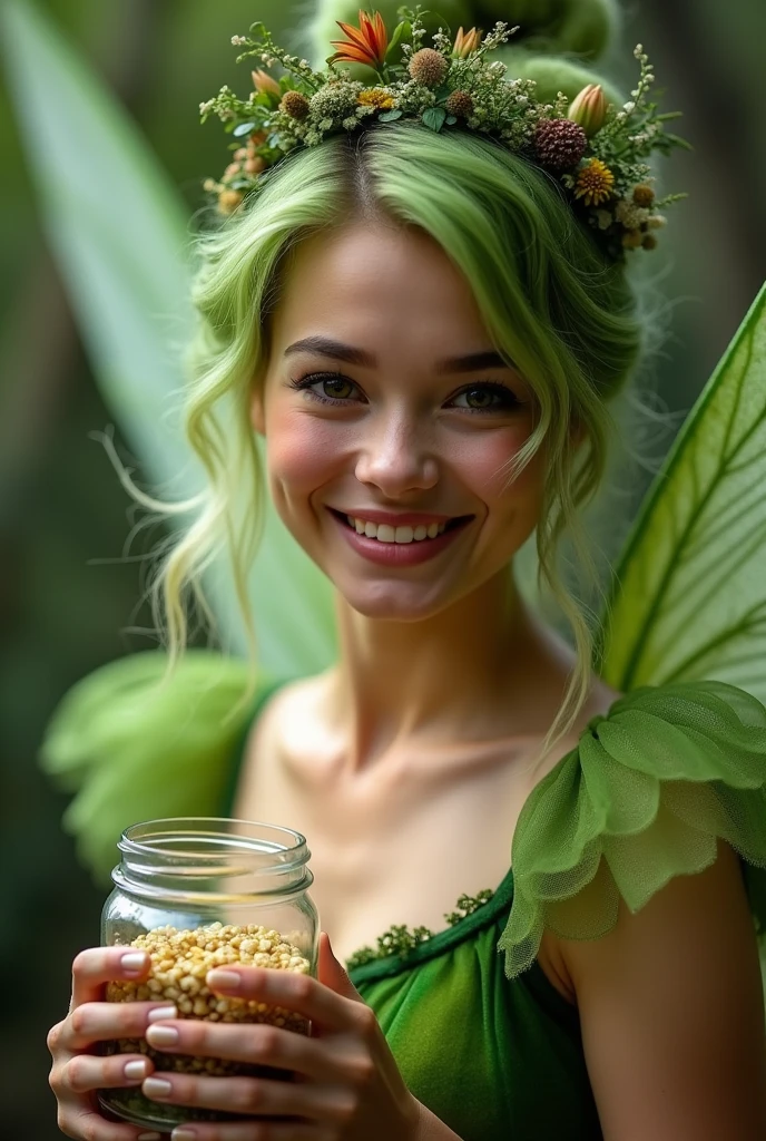 A close-up of a woman in a green fairy costume holding a jar of food, Tinker Bell, pixie character, beautiful fairy adulta, Pixie Dust Magic, smiling like a fairy queen, portrait of a fairy, fairy aesthetic, margot robbie as a fairy, fairy portrait, beautiful fairy, beautiful fairy del libro para adultos, elf beauty, fairy dust, Fairy Queen