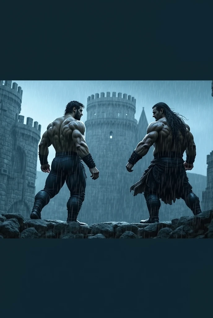 Two handsome men dressed in black under the rain doing a face-off on top of a castle without a shirt