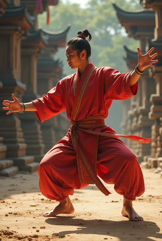 Create a detailed and dynamic image showcasing the traditional Cambodian martial art of Bokator. The scene should feature a skilled practitioner performing an impressive and intricate Bokator technique. Highlight the unique movements and postures of the art, with emphasis on the traditional Cambodian attire and the historical backdrop. Incorporate elements of ancient Cambodian architecture or scenery to provide context and authenticity. The image should capture the strength, grace, and cultural significance of Bokator, conveying both the physical prowess and the rich heritage of this martial art.