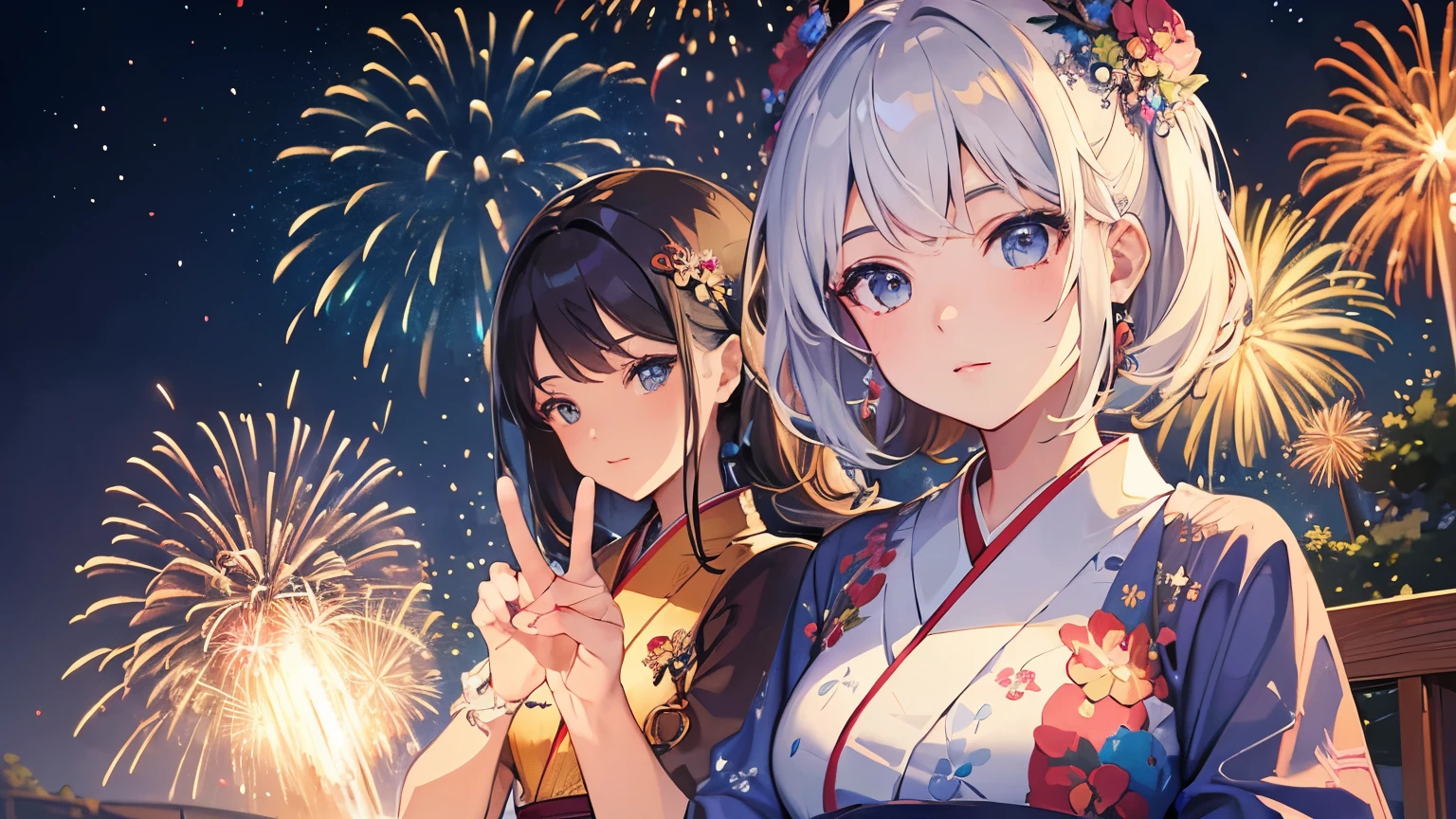 masterpiece,highest quality,(((Super Detailed Woman1))),Super detailed face,Super detailed eye,yukata,Sitting,day time,Fantasy,Calm,nebula,8k High resolution,(((firework))),vibrant colors,peace sign
