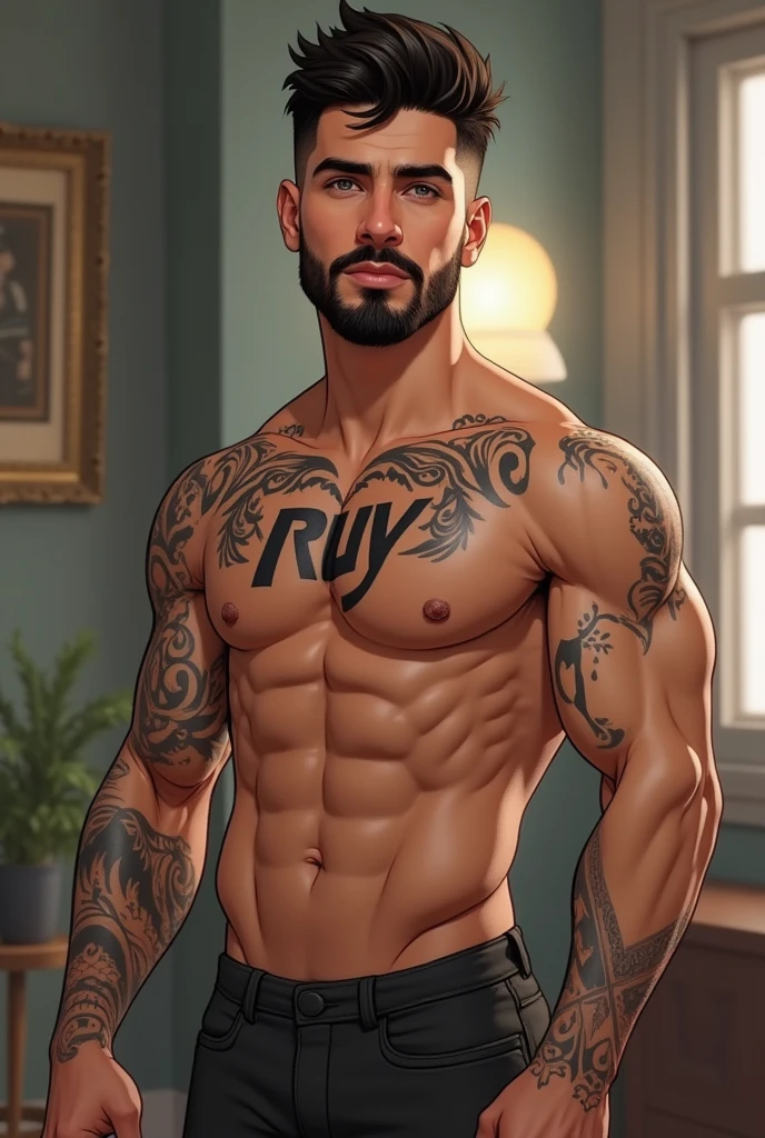 Realistic j AI design High quality imvu drawing a young muscular man light skin with beard small thin with tattoo "ruy" and other tattoo background room