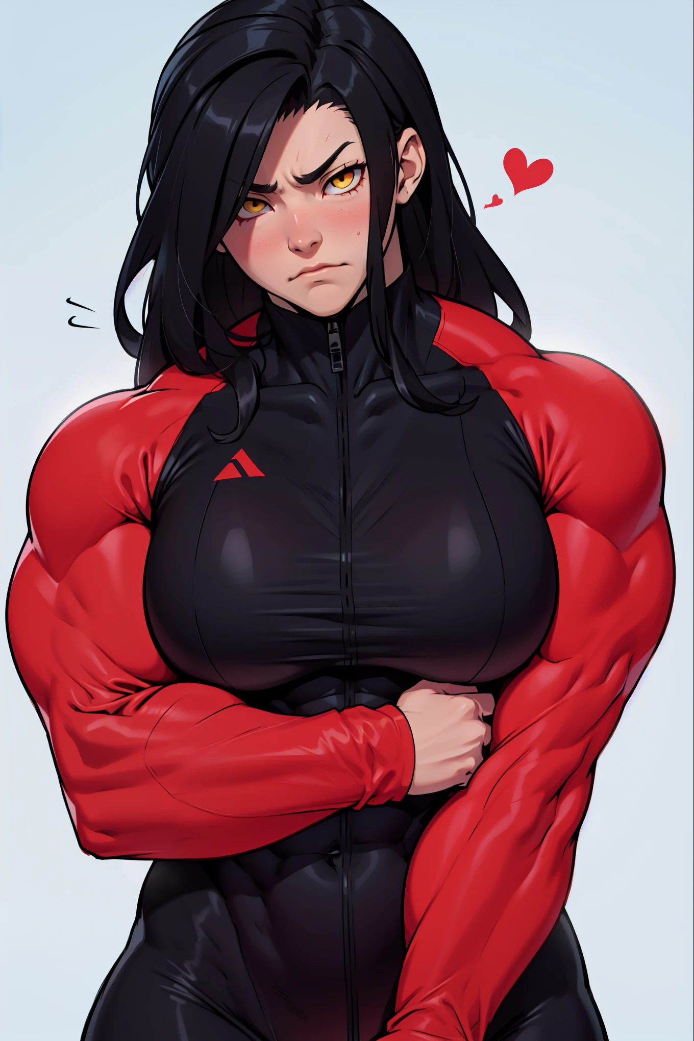 massive breasts huge breasts ((((muscular girl)))) ((((muscular girl)))) ((((muscular girl)))) toned body skinsuit long hair black hair yellow eyes pale skin serious look empty eyes sad frown embarrassed embarrassed embarrassed embarrassed love love love