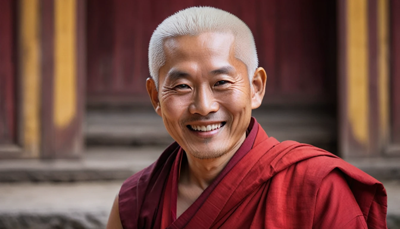I want the image of a wise man Buddhist monk, with white hair, She must be approximately 50 to 60 years old, the wise Buddhist monk in red clothes, Buddhist sage must be smiling, realistic and cinematic image. use these photos as face reference, hair and appearance.
