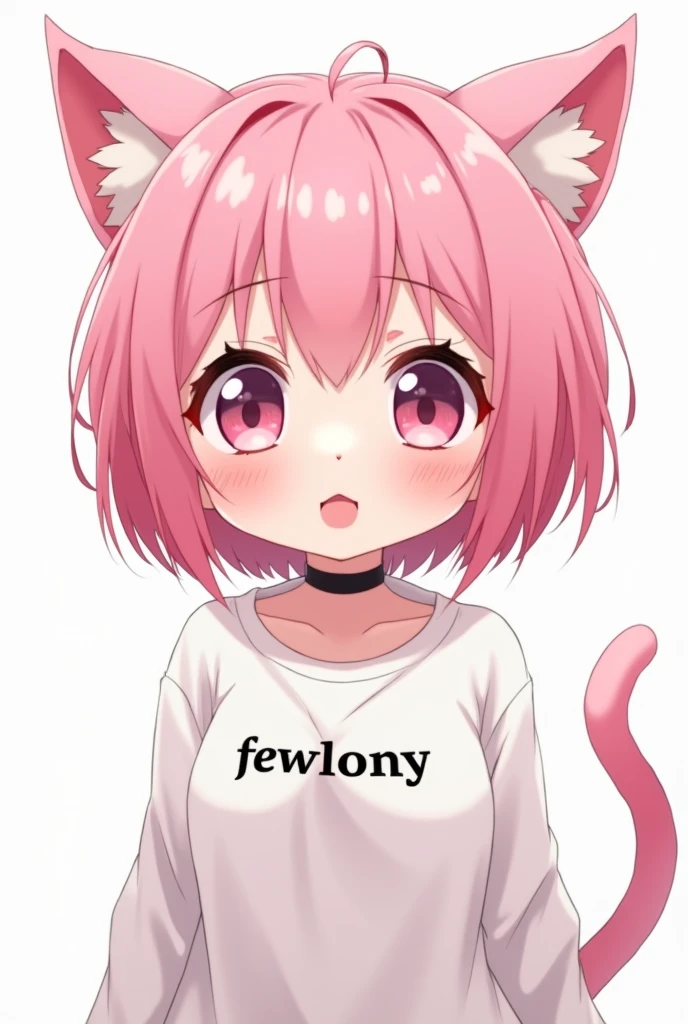kawaii anime elementary school cat girl with pink hair and wearing a choker wearing a shirt that says “fewlony” make the text black
with white background