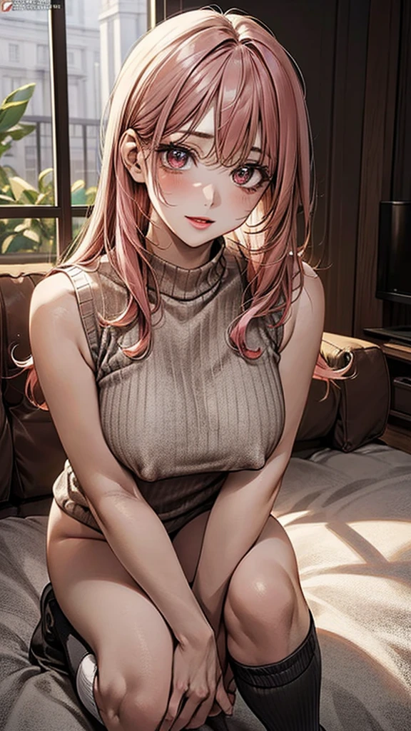 (masterpiece:1.2, Highest quality), (Realistic, photoRealistic:1.2), OL,Beautiful illustrations, (Natural Side Lighting, Cinema Lighting), ,
View your viewers, 1 girl, Japanese, 2, Perfect Face, Cute and symmetrical face, Glowing Skin, Ahegao、Eyes are hearts、lure
(Long Hair:1.5, Messy Hair:1.6, Pink Hair), Crossed bangs, Droopy eyes, Red eyes, Watery eye,Hold back the climax,Long eyelashes, (Large Breasts), thin,
Beautiful Hair, Beautiful Face, Beautiful attention to detail, Beautiful clavicle, Beautiful body, Beautiful breasts, Beautiful thighs, Beautiful feet, Beautiful fingers, Erect nipples,
((Sleeveless sweater, bottomless,Knee socks)), ),Open your mouth,evening, While reaching climax(Living room minimalist),Watery eye,sofa, Open your mouth、Upward glance,On the bed