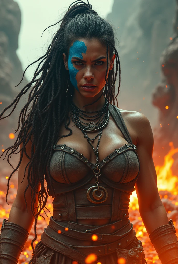Whole body de (Ohwx Woman) on hell blade: Senua's sacrifice, coming out of the orange mud, long hair with dreadlocks, war blue paint, fading paint, angry expression, dirty face, finely detailed eyes, viking clothing, Whole body. with big breasts. big boobs, huge breasts. huge tits, giant tits. .epic scene, epic composition, Photography, cinematic lighting, volumetric lighting, ethereal light, intricate details, extremely detailed volumetric rays.