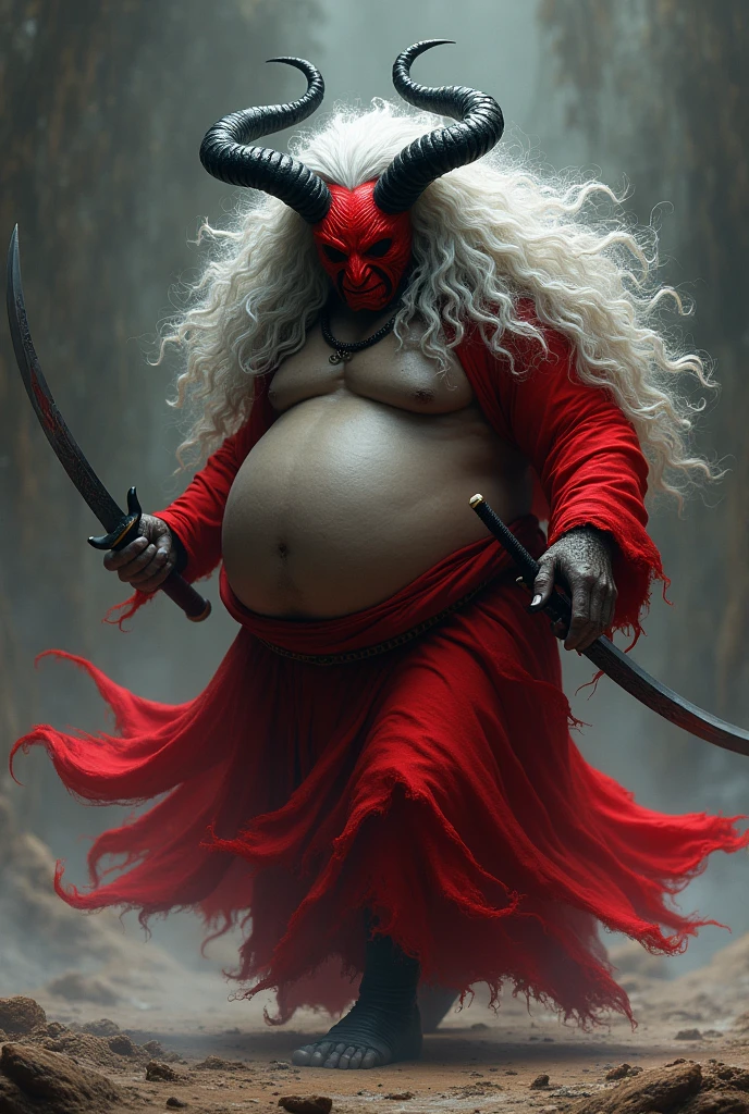 One man curly long hair colour white and black and use scary mask colours red fat man and mask is demon and no horn and red dress and demon name is lakhe.mix hair colour and this demon is dance and sword master and demon fight with swords and demon have not sword 



