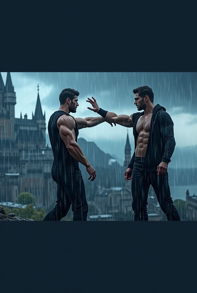 Two handsome men dressed in black under the rain doing a face-off on top of a black castle without a shirt