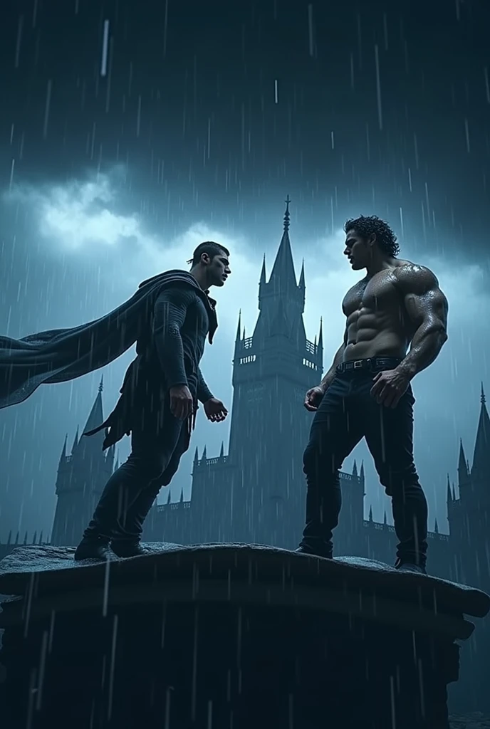 Two handsome men dressed in black under the rain doing a face-off on top of a black castle without a shirt