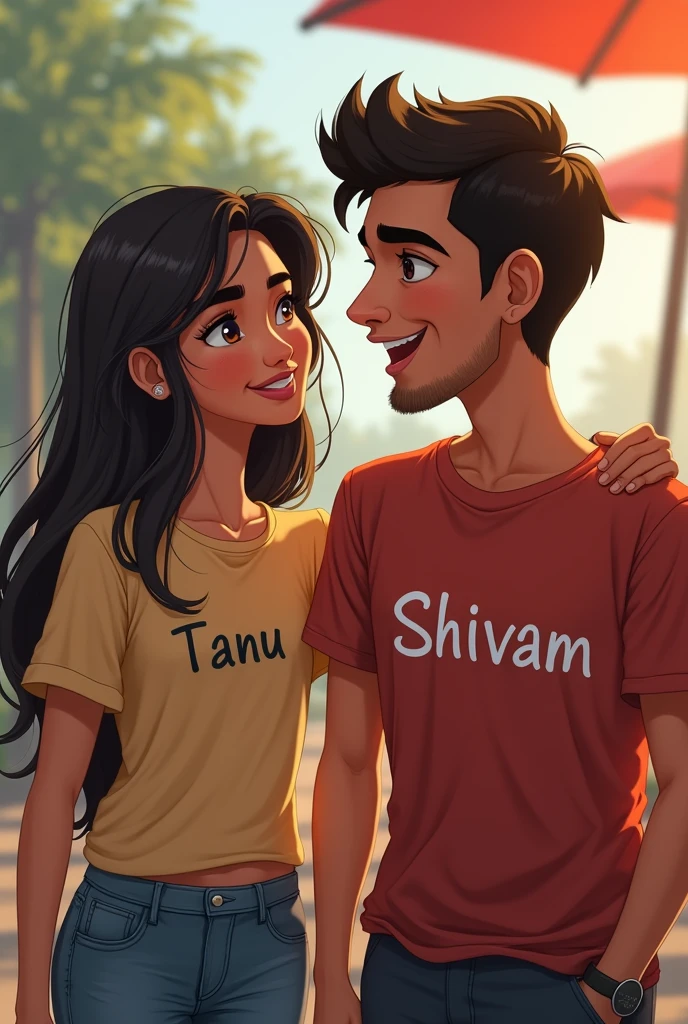 There are two friends, a man and a woman, Tanu is written on the woman's t-shirt and Shivam is written on the man's t-shirt