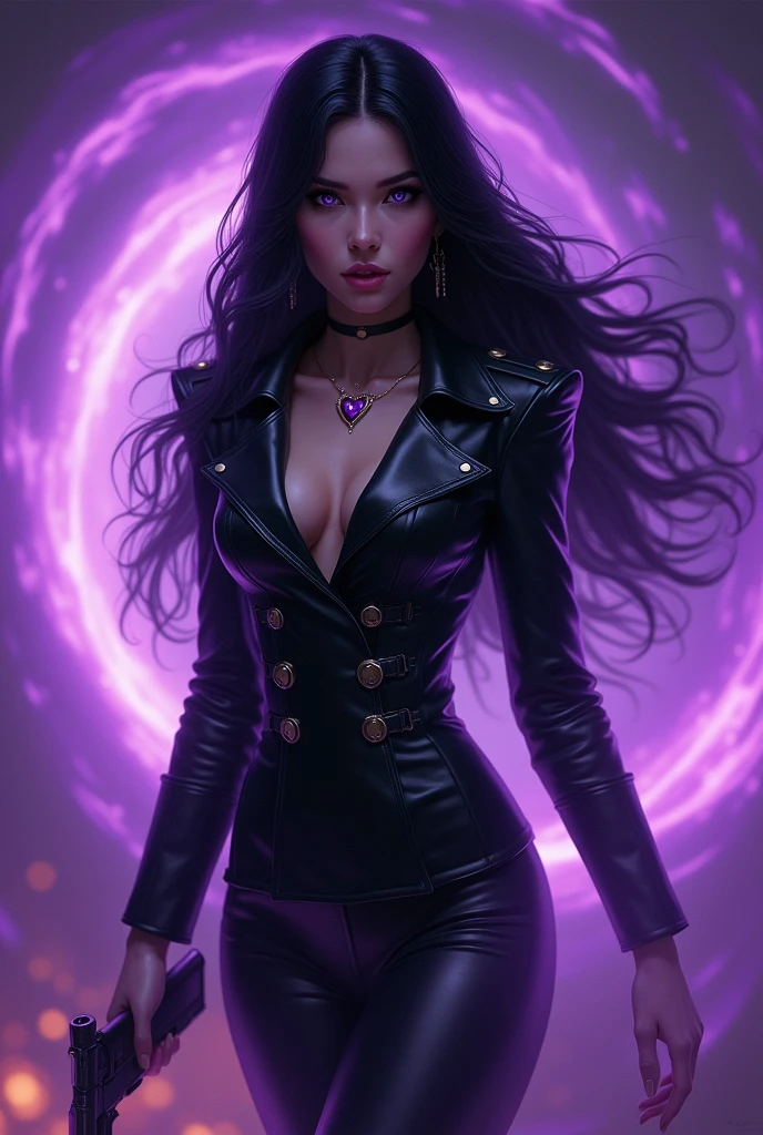 A picture of an extremely beautiful woman, with purple eyes, long black hair, small nose, very feminine, too beautiful, with a small heart chain full lips, a background of purple flames enveloping her, dressed in a black leather military suit, with a gun in his hand