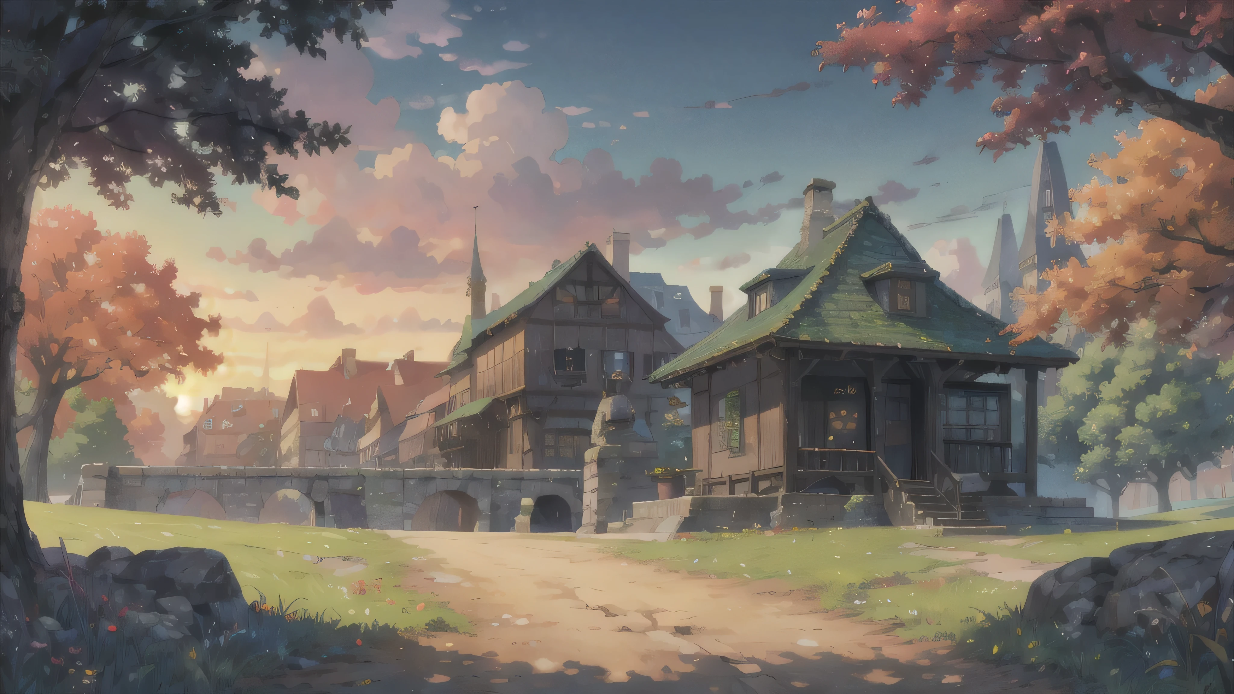 realisticlying、a park、The fountain、Beautiful autumn leaves、Depth enhancement、The sunset is beautiful best quality,4k,8k,highres,masterpiece:1.2,ultra-detailed,realistic: 16:9