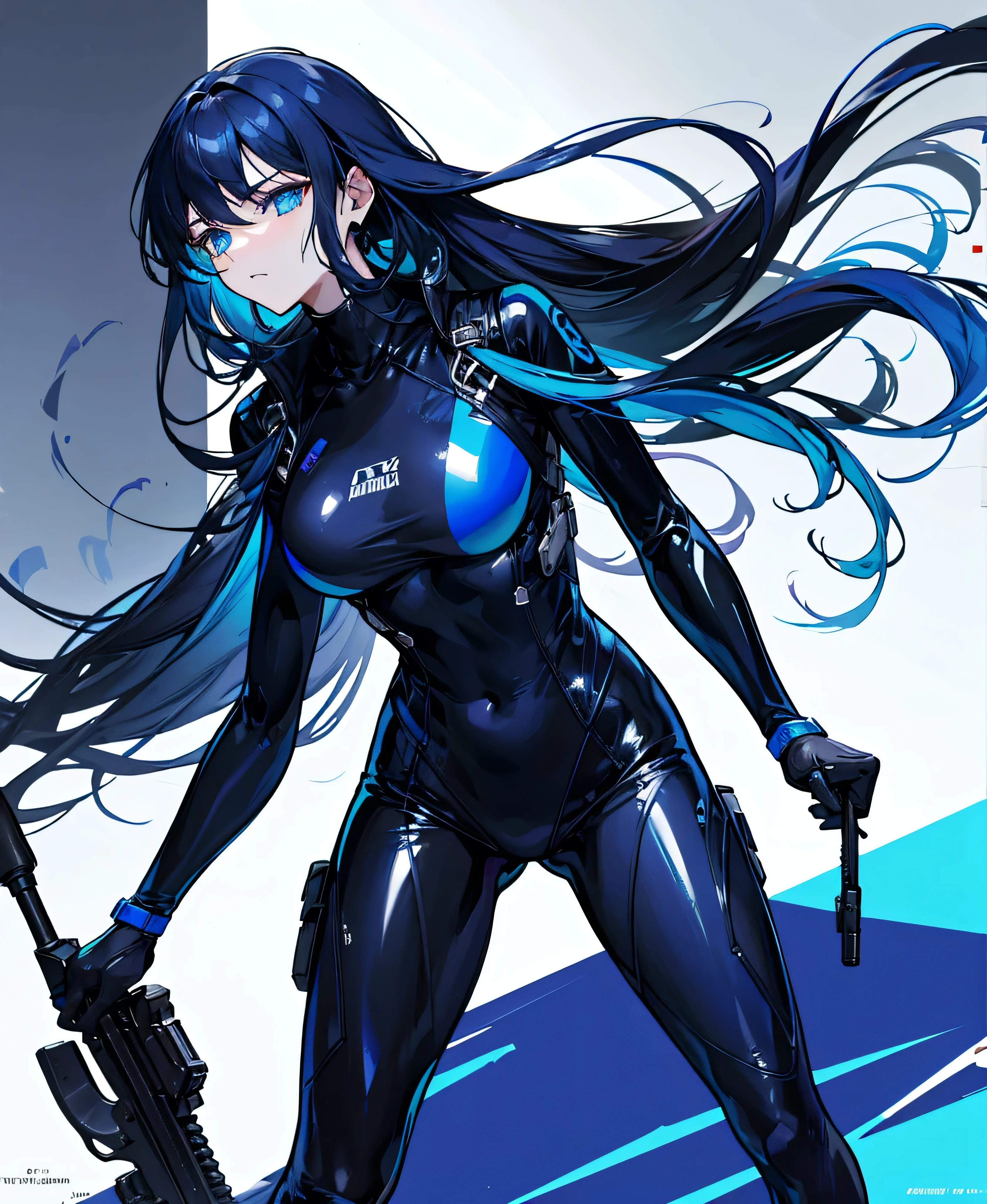 There is no background,,Carry a firearm,Patent leather tight suit,Use of firearms,Navy blue long hair,attention arousal,Blue colored eyes,No gradients