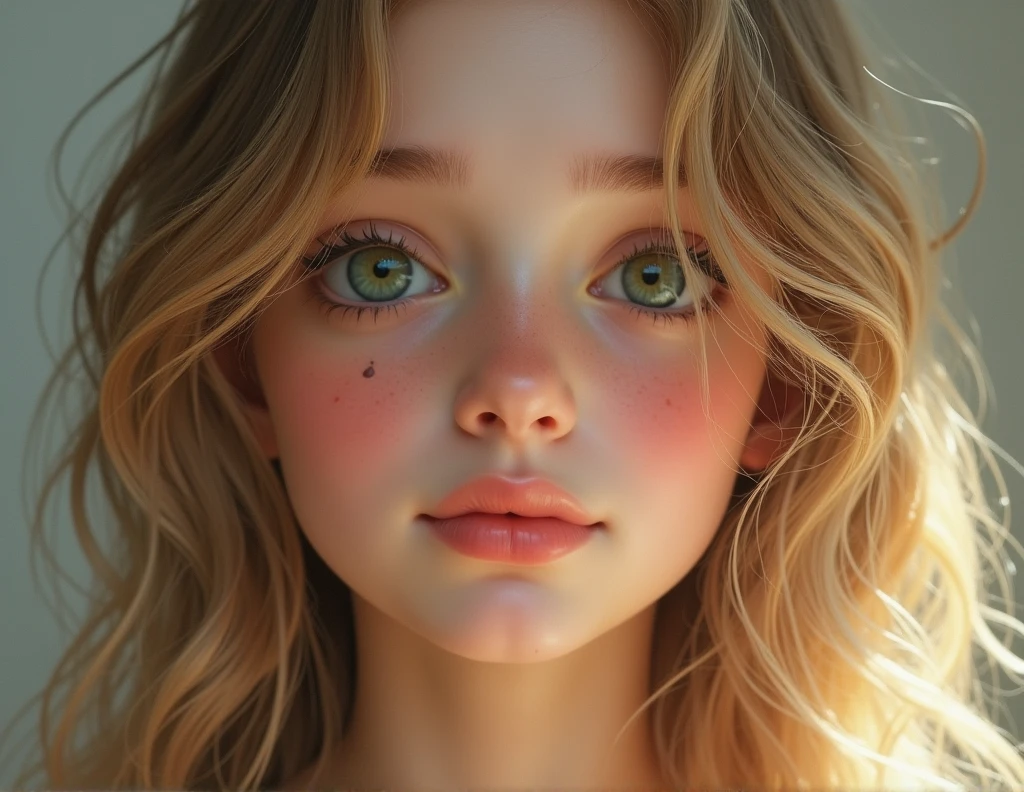 photorealistic, girl, blondy hair with honey strands of hair, dark green eyes, beautifull smile, white theets, a little mole above the right corner of the mouth, detailed face, headshot