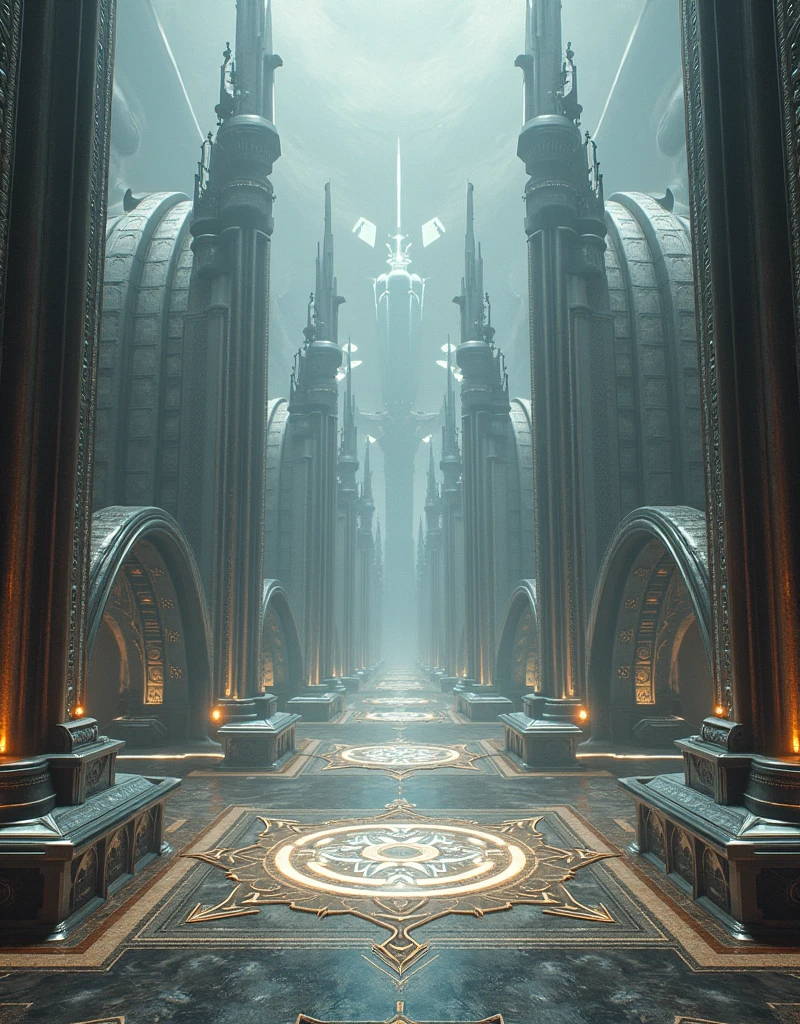 Battle arena, surreal, mystery. Ancient scene. Metal, steel, chrome, silver. Symmetrical view. Exclude human, people, silhouette, shadowy figure.