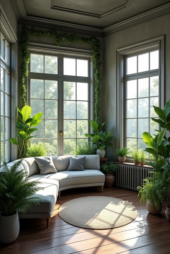 Make a old house sun room with a gray theme with lots of windows and plants