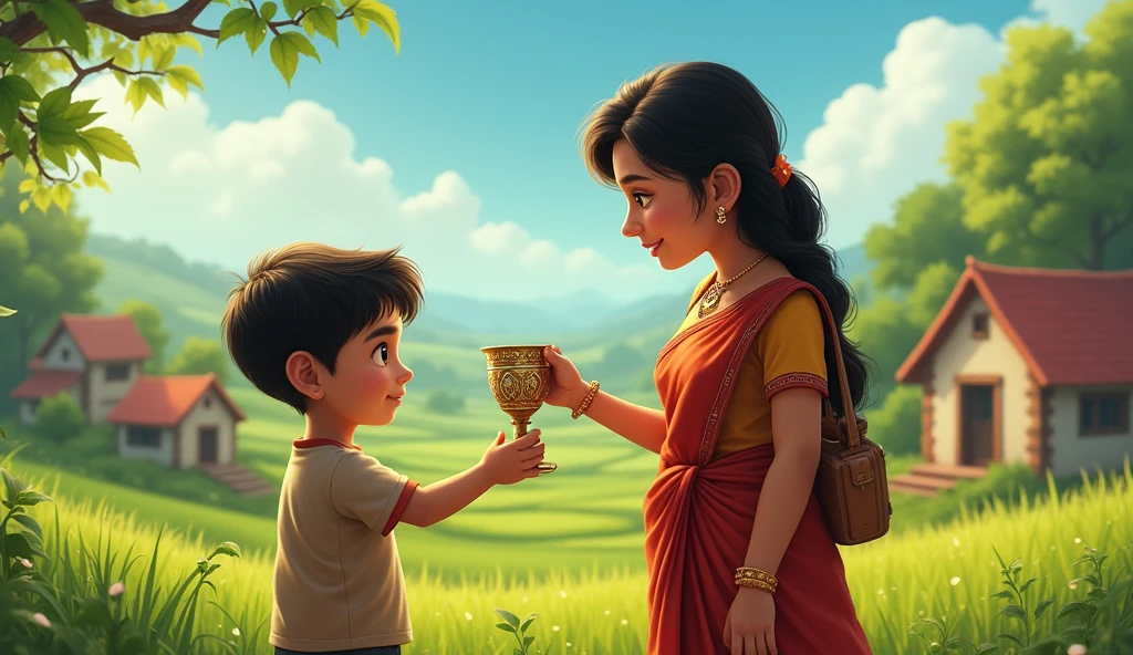Generate a realistic photo.Image: A picturesque village with small houses, lush green fields, and a humble home where Chintu and his mother are standing. The mother is handing Chintu an old, ornate glass.