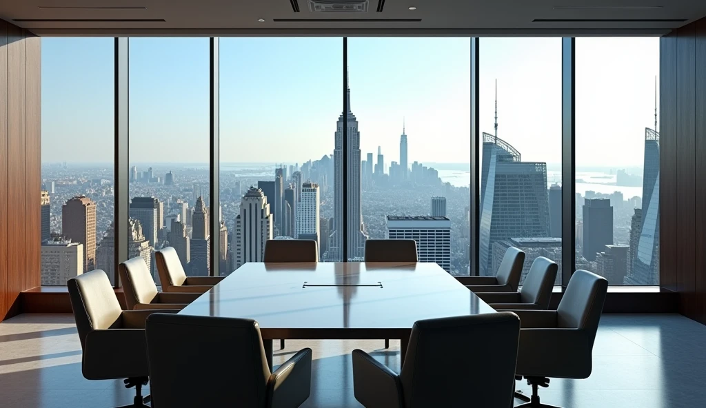 MEETING ROOM WITH WINDOW OVERLOOKING NEW YORK CITY WITH NO PEOPLE, WITH PADDED CHAIRS, pleasant environment