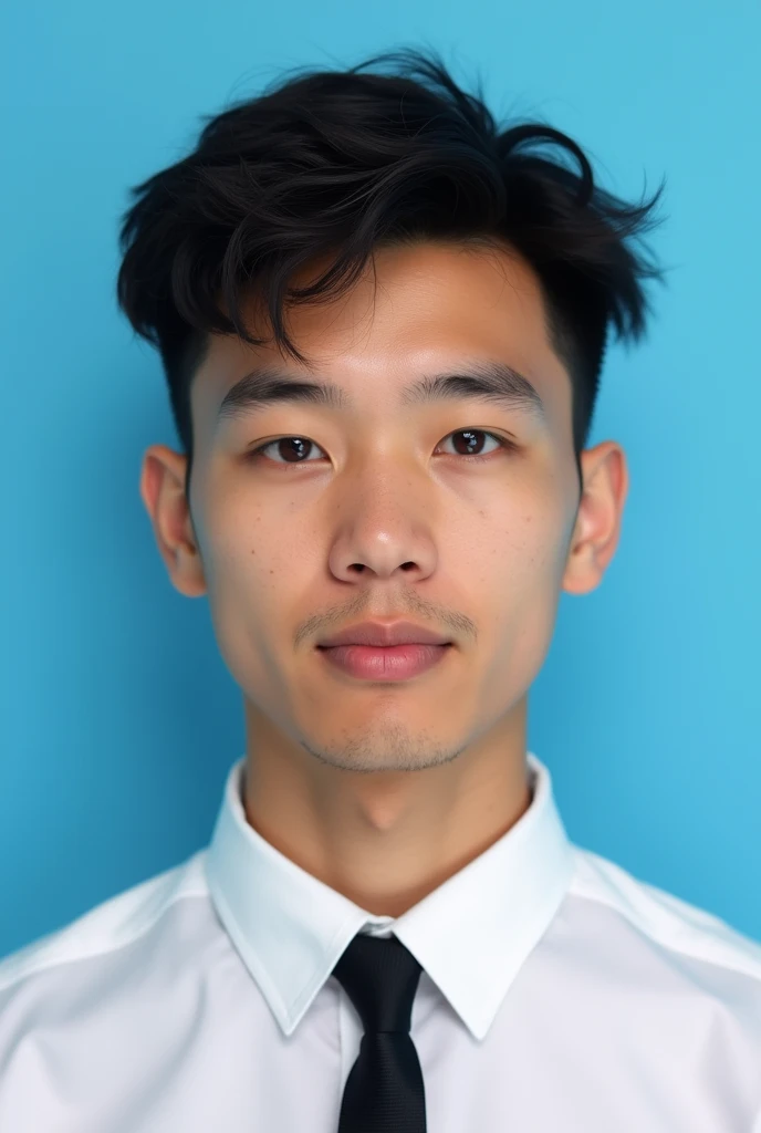 passport photo of young man, short neat curly hair, white shirt, black tie, thin eyebrows, there are acne scars on the face, oval face, blue background, flat face