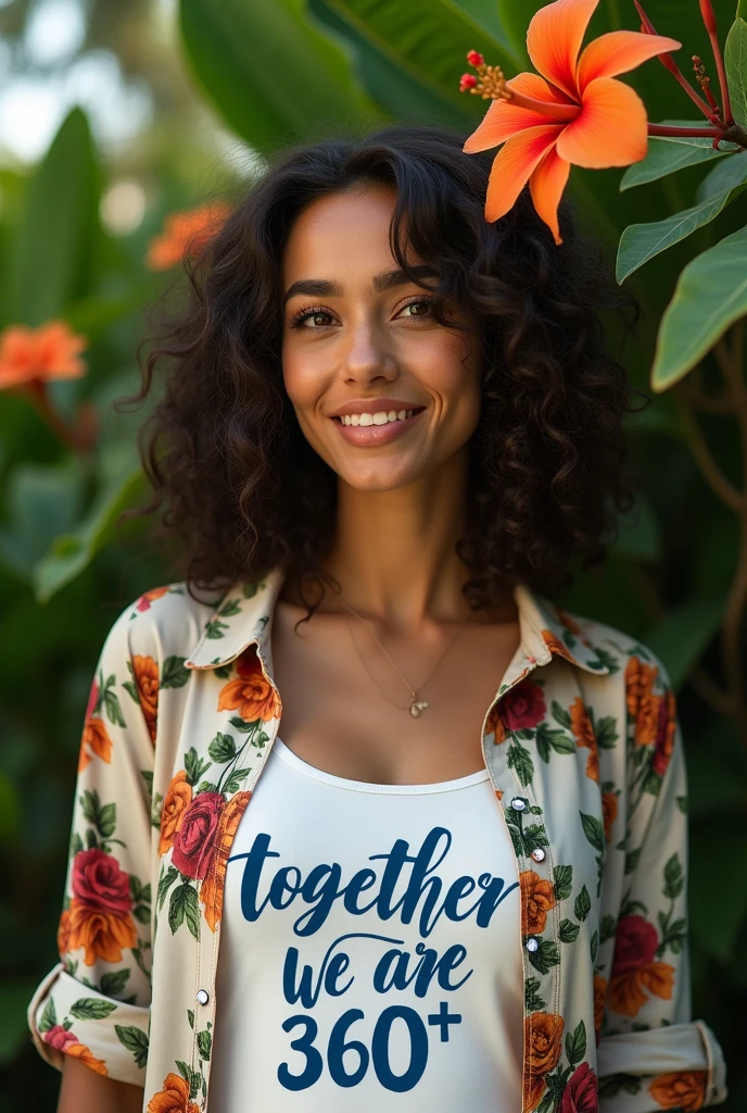 A Brazilian woman in a lush tropical garden, wearing an open shirt with a floral print, with a close-up capturing the harmonious beauty between her breasts and the natural flowers, showing off your natural charm and outgoing personality, with a white shirt written in blue together we are 360