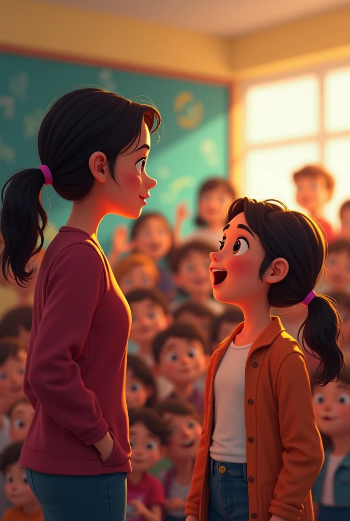 30-year-old Latina mother watching her  daughter and encouraging her. The girl is reciting a poem at her school., Many kids watch it as a Pixar style drawing 