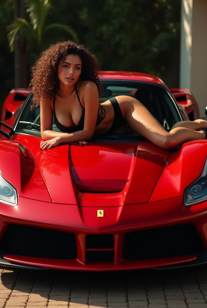 Create an image of a luxury car with a girl leaning on the hood, She wears black luxury lingerie, She is brunette with curly hair, the car is ferrari red