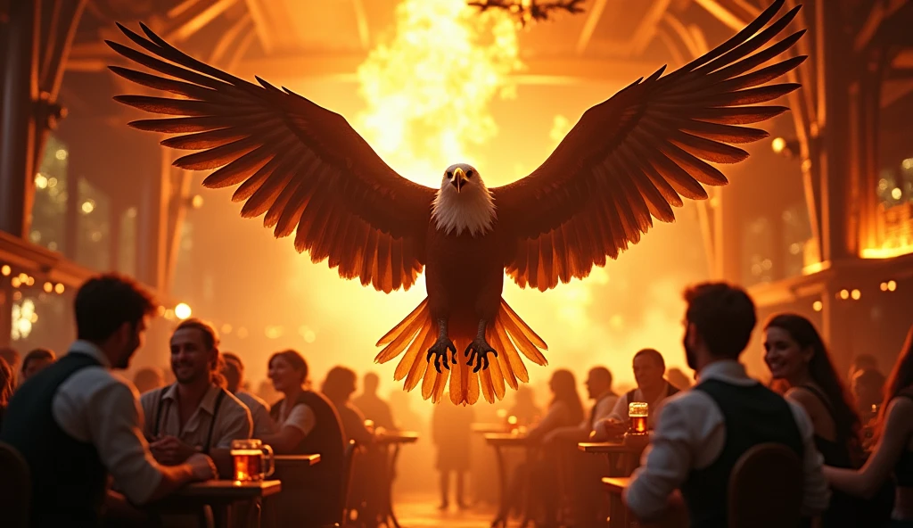 Eagle in fire with german dancing drinking beer in german cafe in fire octoberfest lot beer