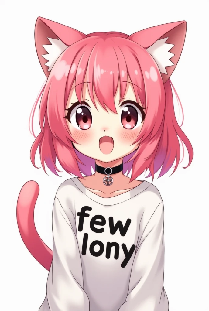 kawaii anime elementary school cat girl with pink hair and wearing a choker wearing a shirt that says “fewlony” make the text black
with white background