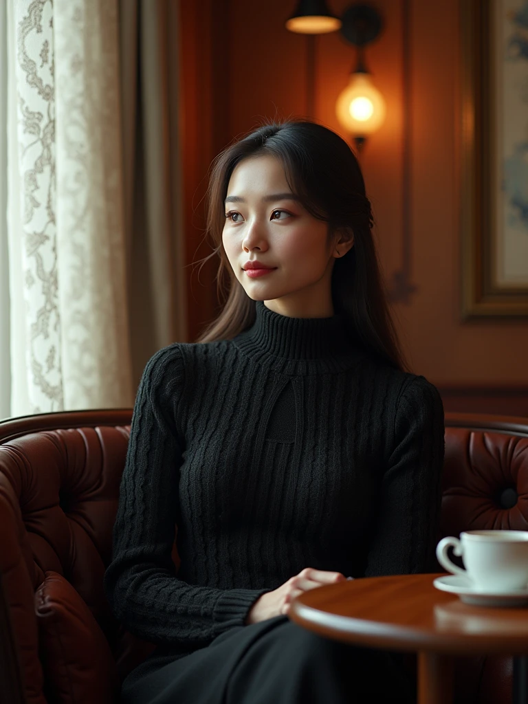 a woman wearing a black knitting dress, uhd, ultra quality, ultra detailed, ultra resolution, HDR, VFX, 16k, Realistic Rendering, Hyperrealistic, sitting in chair on cafe