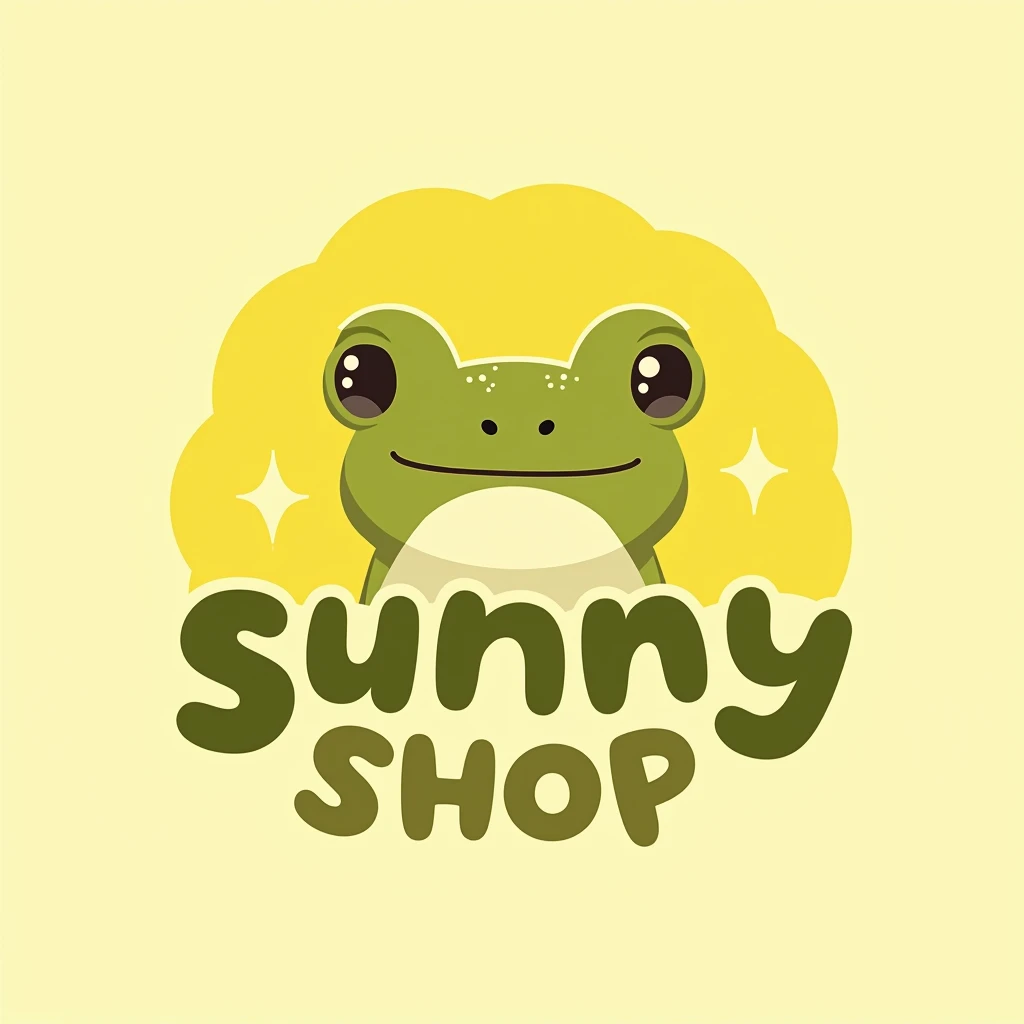 Shop logo with the name Sunny Shop, that has a yellow background an illustrated olive green frog, that has illustrated details and the yellow that is not phosphorescent and that remains in the palette of warm and pastel colors. The logo that has measurements 4*4, Just use the little frog head and change the color of the typography and make it more dynamic so that the sunny is more relevant than the shop. Don&#39;t put a sun in the background and make the frog illustration simpler. Also remove the dots and the gradient from the image background.