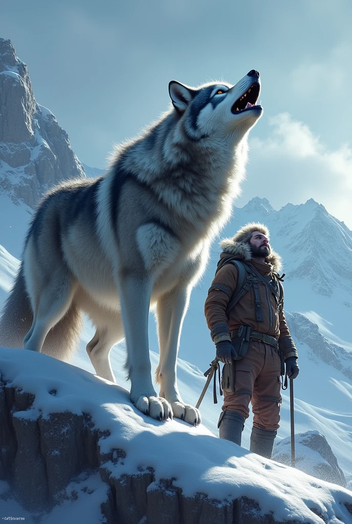 Husky wolf howling on snowy mountain next to a man