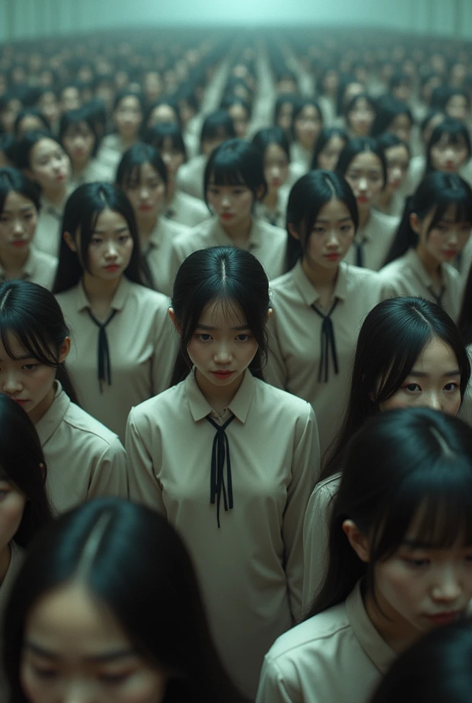 There are 5000 Asian girls in a small room surrounding me, wearing the same clothes.