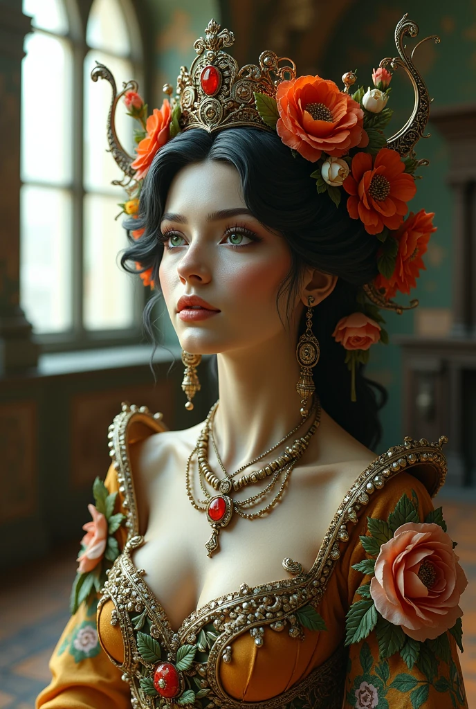Cute maiden queen of flowers intricate details insanely artwork Wooden painted, 3D effect ultra-detailed intricate insanely, Heart, museum room, green eyes, Carved in wood, painted with bright colors., indie film screencap, dramatic angle, , found footage, (steampunk), (cyberpunk aesthetic), (retrofuturism, atompunk), heroic proportions, window behind,