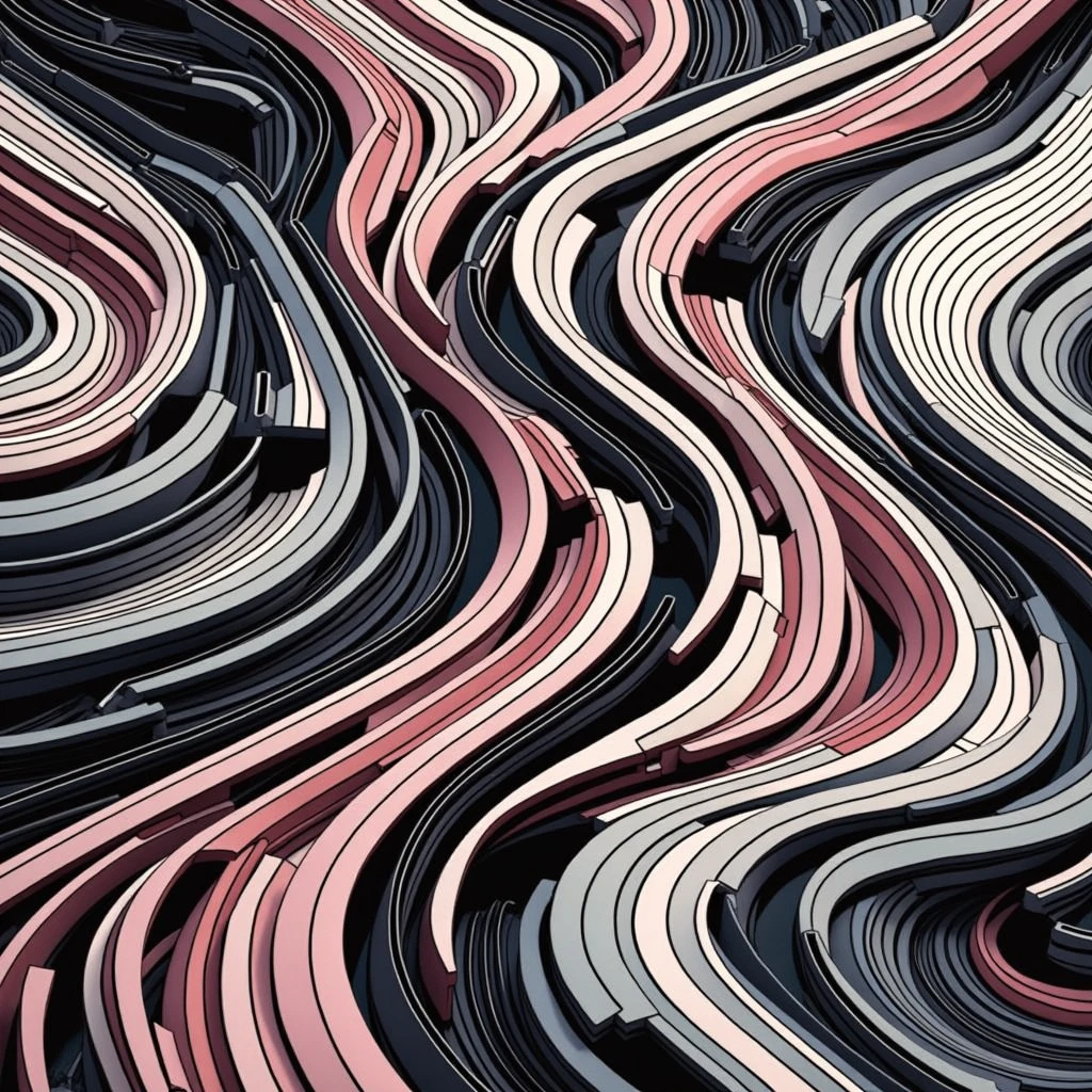 an abstract representation made of geometrical patterns and curved lines. ((desire, fulfillment,pride,cruelty)),((pink,black,pale grey)),((deep wiew)),photographic,ultra high resolution,hyperdetailed, masterpiece, 3d modelling, digital art, abstract art.