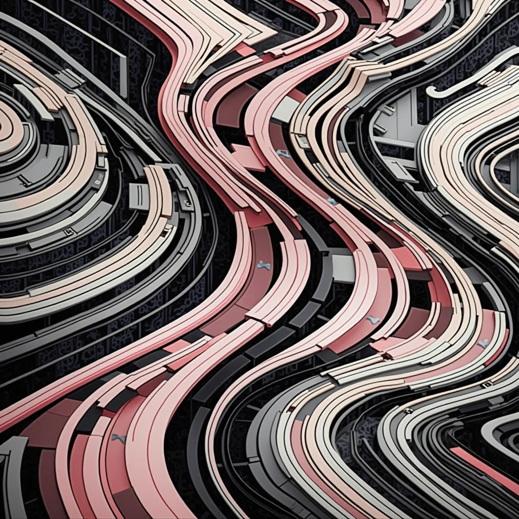 an abstract representation made of geometrical patterns and curved lines. ((desire, fulfillment,pride,cruelty)),((pink,black,pale grey)),((deep wiew)),photographic,ultra high resolution,hyperdetailed, masterpiece, 3d modelling, digital art, abstract art.