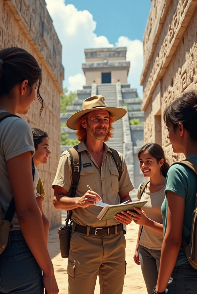 a short red haired teacher, at an archaeological site in Copán with his students
