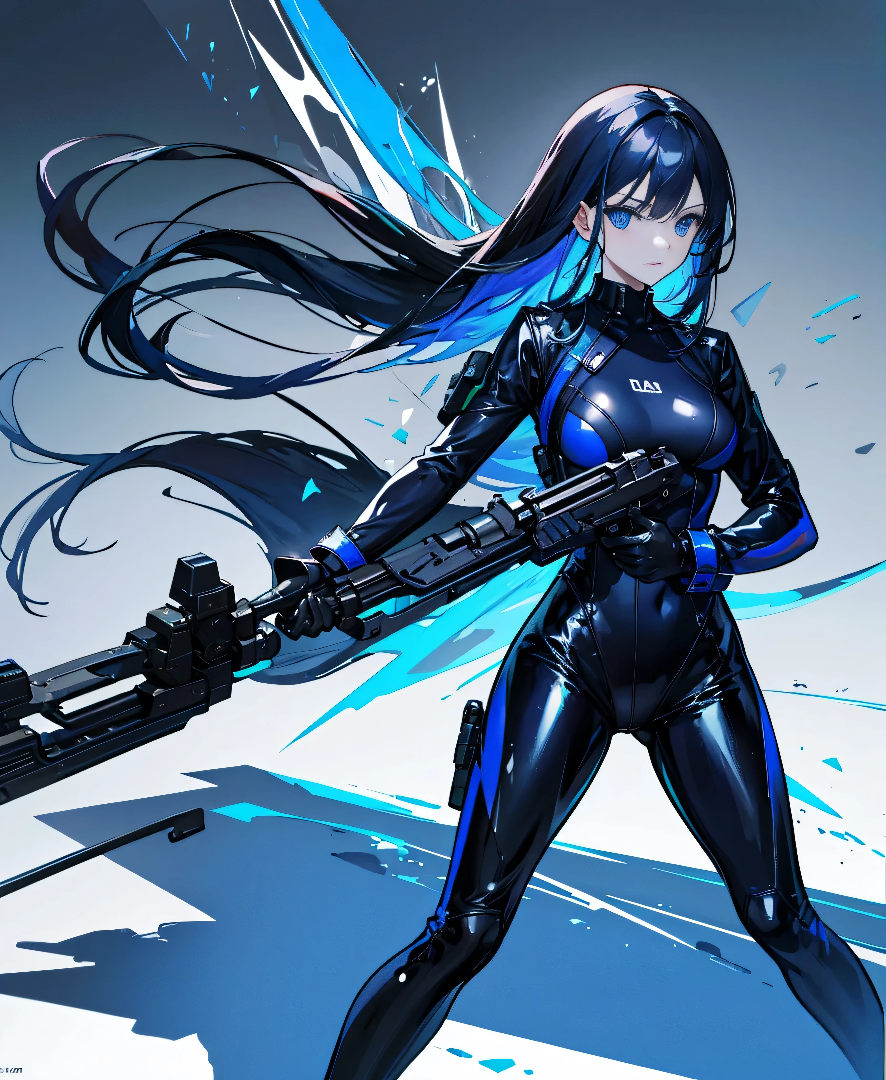 There is no background,,Carry a firearm,Patent leather tight suit,Use of firearms,Navy blue long hair,attention arousal,Blue colored eyes,No gradients