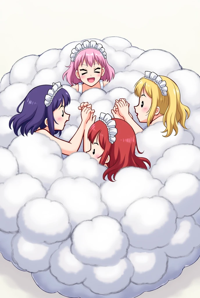 An anime-style illustration depicting many maids playfully wrestling with each other,
each maid has different colored hair.
their faces,hands,and feet are visible emerging from the cloud as they tussle humorously, with the rest of their bodies completely hidden inside the cloud.
the illustration emphasizes the humorous and energetic nature of their scuffle,with a fluffy and exaggerated fight cloud.