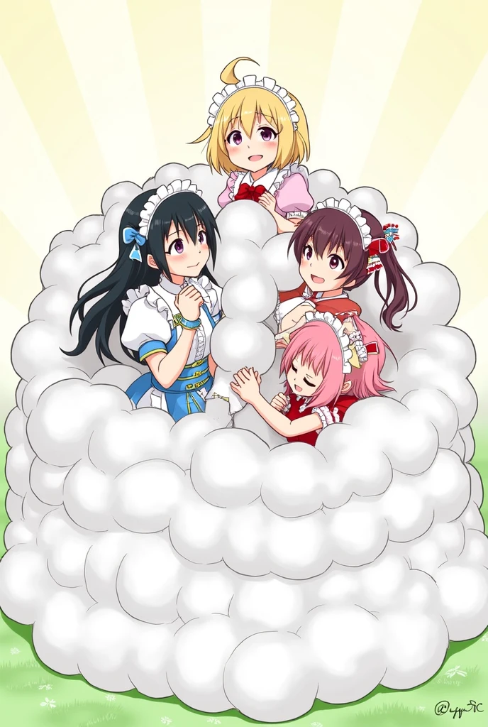 An anime-style illustration depicting many maids playfully wrestling with each other,
each maid has different colored hair.
their faces,hands,and feet are visible emerging from the cloud as they tussle humorously, with the rest of their bodies completely hidden inside the cloud.
the illustration emphasizes the humorous and energetic nature of their scuffle,with a fluffy and exaggerated fight cloud.