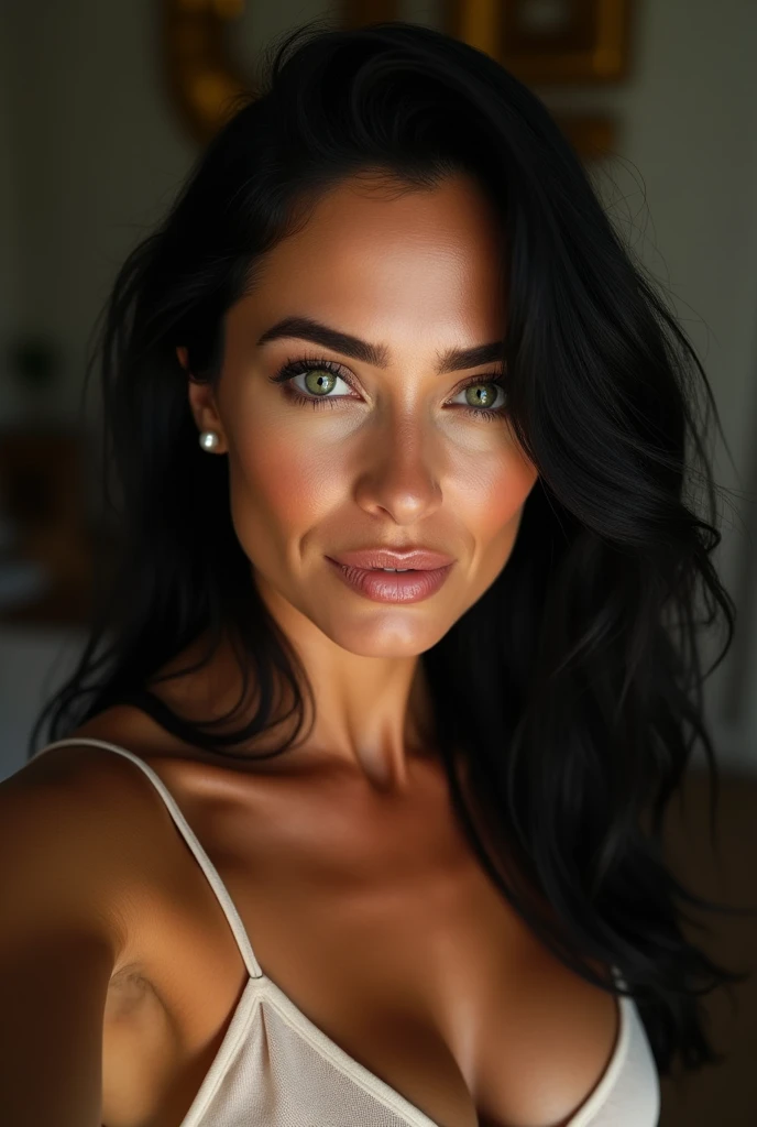 beautiful middle aged woman with long black hair, green eyes, large breast and tan skin taking selfie nude/imagine - Image #3 @Cortofar --v 6.1 - Upscaled (Creative) by @Cortofar (fast
