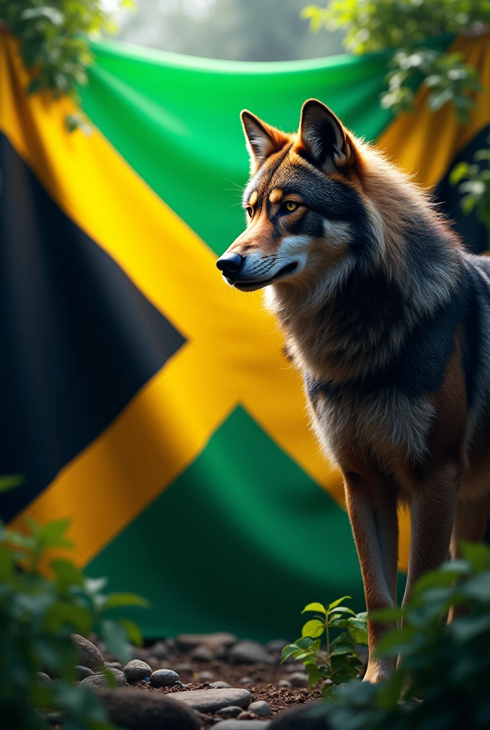 large jamaica flag with wolf facing right