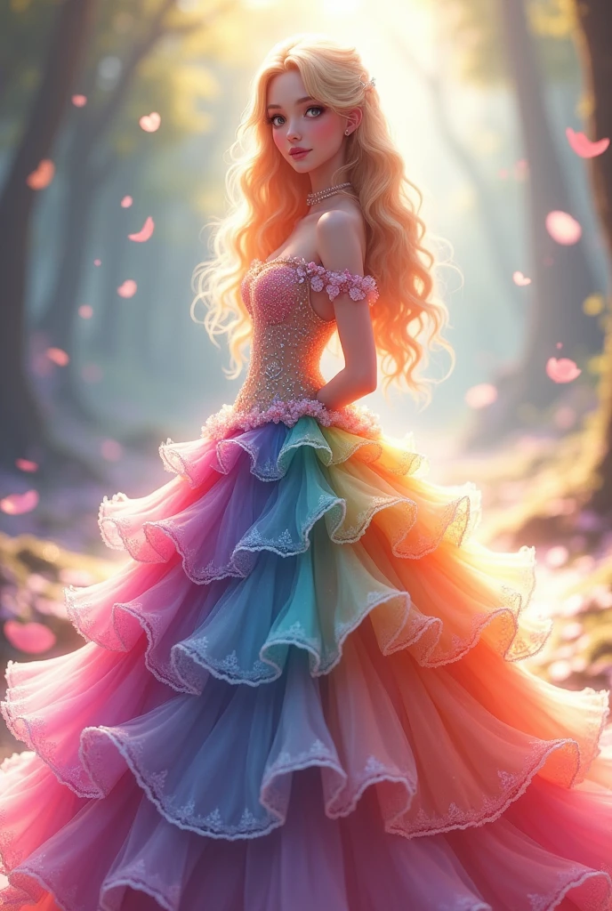 beautiful anime girl, Princess, colorful fantasy Princess layered ballgown, Colorful rainbow layered ball gown dress, Fantasia Background, Shining Light, Sparkling Ball Gown, Sparkling Light, Magic, Soft pastel colors, (masterpiece), Highest quality, Sharp focus, Intricate details, Very detailed, Detailed dress design, Sharp focus, High resolution, 8k resolution, beautiful face, Golden Ratio, perfection, perfectionな構成, Sparkling eyes, Very detailed eyes, perfectionな顔, beautiful, Shining Light,Cinema Lighting, Long wavy blonde hair