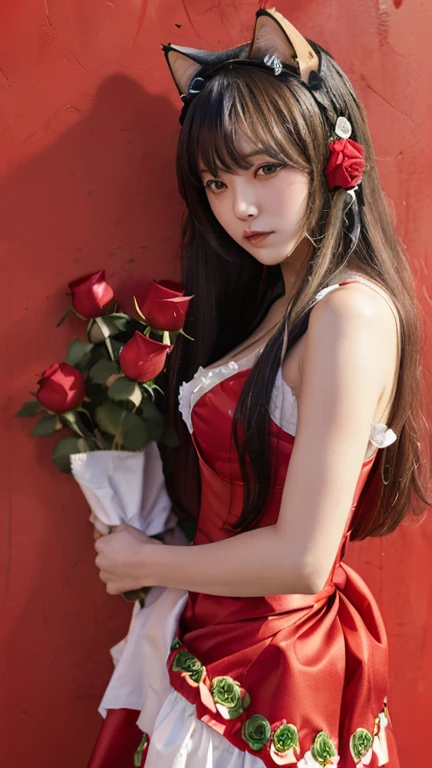 (Emo art:1.6), masterpiece, 4K, Bokeh, high school girl, Beautiful Face, (Cat ear:1.3), (Red Long Hair:1.6) , (Japanese Idols:1.6), Blushed, (Red maid costume :1.4), Looking at the audience, close,
(Red Background :1.4), ( A wall of lots of red roses:1.6)